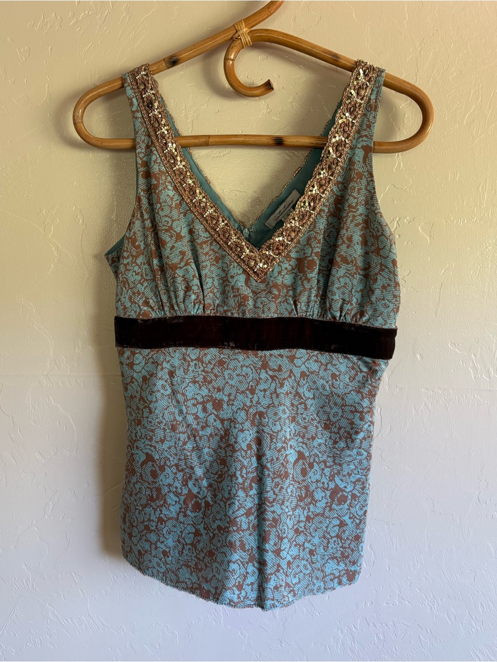 Vintage 2000s Intuitions Silk & Cotton Beaded Velvet V-Neck Tank Top Blue Brown